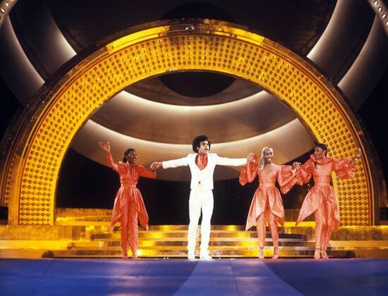 Boney M. -V.l.n.r.: Liz Mitchell (JAM), Bobby Farrell (ARU), Marcia Barrett (JAM), Maize Williams (ARU)- während eines Konzerts im Ostberliner Palast der Republik
