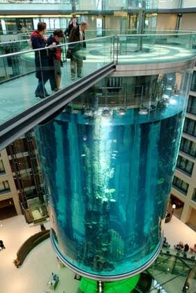 Besucher bestaunen den AquaDom im SeaLife-Center des Radisson SAS-Hotels im DomAquaree