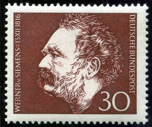 Porträt des Erfinders Werner von Siemens auf einer Briefmarke der Deutschen Bundespost