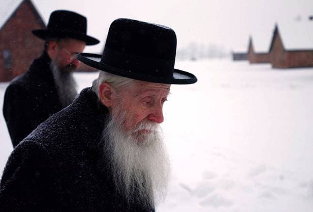 Holocaust-Überlebender gedenkt seiner Leidensgenossen im Konzentrationslager Auschwitz-Birkenau zum Anlass des 50. Jahrestages der Befreiung - 