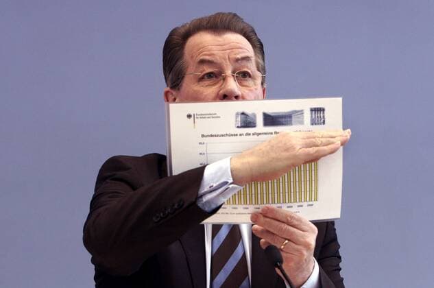 Franz Müntefering (GER SPD Bundesarbeitsminister) versteckt sich einschneidend hinter einer Statistik während der Pressekonferenz zu den Themen Alterssicherung und Initiative 50 plus in Berlin