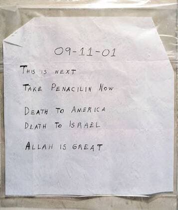 Sichergestellter Drohbrief - Death to America - für die Anschläge am 9.11.2001 an Tom Brokaw (USA NBC) mit Anthraxsporen  wax2001101394