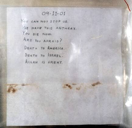 Sichergestellter Drohbrief - You die now - mit Anthraxsporen für die Anschläge am 9.11.2001 an Senator Tom Daschle (USA Demokraten)  wax2001101395