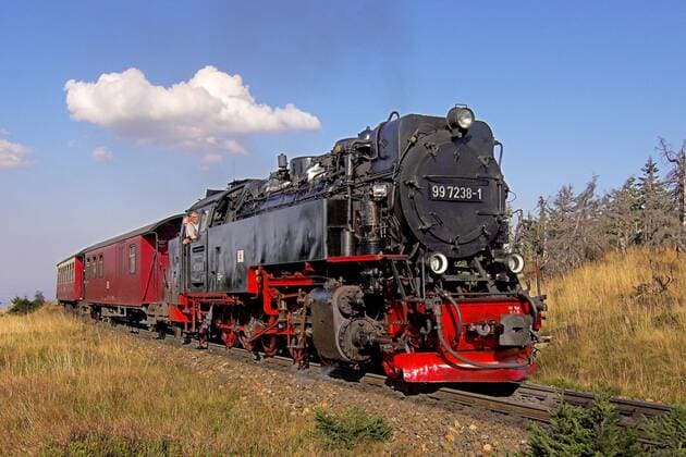 Lokomotive und Waggons der Harzer Schmalspurbahn im Harz
