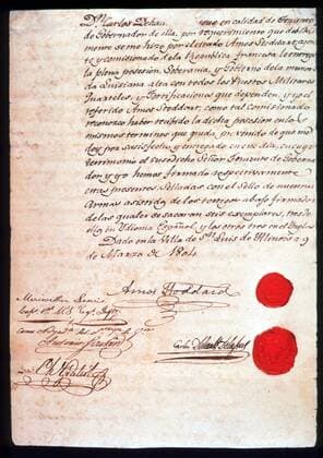 Original Louisiana Kaufurkunde zwischen Thomas Jefferson und Napoleon I. ausgestellt im Historischen Museum in St. Louis  (SLP99123002)