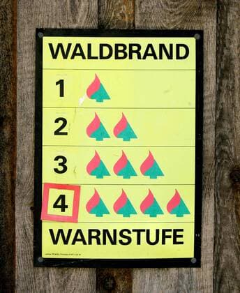 Warnschild - Waldbrandwarnstufe 4 - höchste Waldbrandgefahr aufgrund extremer Trockenheit in Thießen