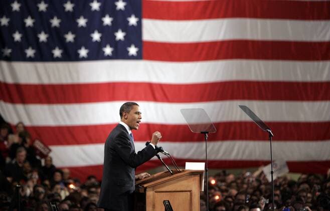 Präsidentschaftskandidat Barack Obama (USA Demokraten Senator Illinois) spricht während einer Wahlkampfveranstaltung in Des Moines anlässlich der bevorstehenden Präsidentschaftswahlen -  (iow2008010366)
