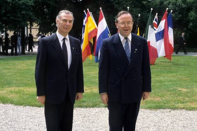 Leo Tindemans (li., Belgien) und Premierminister Wilfried Martens (Belgien) anlässlich des EG Gipfeltreffens in Hannover