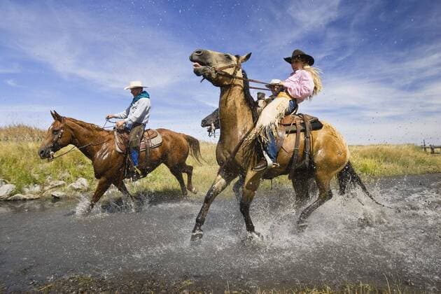 Cowboys reiten durch flaches Wasser (Oregon - USA) - (iblwot00644328)