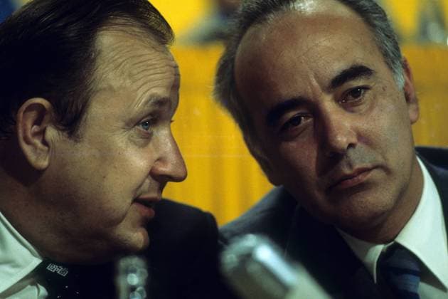 Außenminister Hans-Dietrich Genscher (li., Deutschland FDP) und Wirtschaftsminister Hans Friderichs (Deutschland FDP)