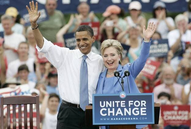 Präsidentschaftskandidat Barack Obama (USA Demokraten Senator Illinois) und Hillary Rodham Clinton (USA Demokraten Senatorin New York) während einer gemeinsamen Wahlkampfveranstaltung der Kampagne - Unite for Change - in Unity - New Hampshire -  (CON20080627023)