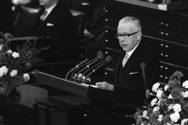 Bundespräsident Gustav Heinemann (Deutschland SPD) hält seine Antrittsrede im Deutschen Bundestag in Bonn