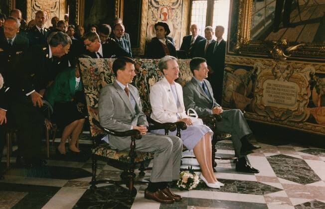 V.l.n.r.: Kronprinz Frederik von Dänemark, Königin Magarethe die zweite und Prinz Joachim anlässlich einer Veranstaltung in Kopenhagen - 