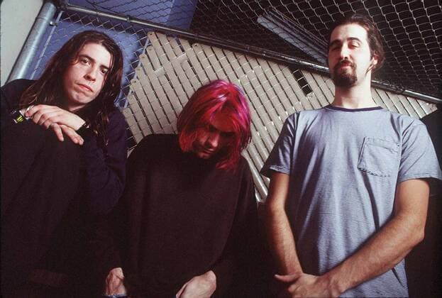 Nirvana v.l.n.r.: Schlagzeuger Dave Grohl, Sänger Kurt Cobain und Bassist Krist Novoselic - 