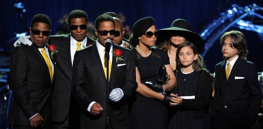 Michael Jackson s siblings, from left, Tito Jackson, Jermaine Jackson, Marlon Jackson, Randy Jackson (obscured at back), Janet Jackson, LaToya Jackson and children Paris and Prince Michael Jackson I stand on the stage at the memorial service for music legend Michael Jackson at Staples Center in Los Angeles on July 7, 2009. The King of Pop died in Los Angeles on June 25 at age 50. (UPI Photo Gabriel Bouys Pool)  LAP2009070726