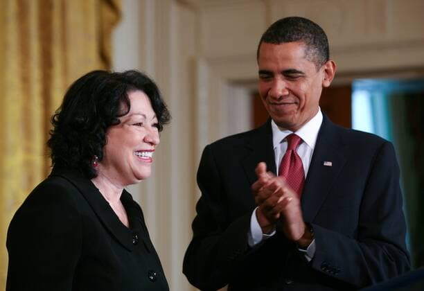 President Barack Obama greets newly confirmed Supreme Court Justice Sonia Sotomayor at a reception for her after being sworn-in on Saturday as the newest associate justice, at the White House on August 12, 2009. First Lady Michelle Obama was on hand for the event. UPI Gary Fabiano Pool Obama Reception for Supreme Court Justice Sotomayor  WAX20090812105