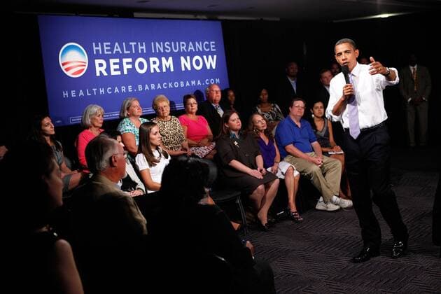 U.S. President Barack Obama speaks during a town hall meeting on healthcare at the headquarters of the Democratic National Committee August 20, 2009 in Washington. UPI Alex Wong Pool Obama Attends Forum For Supporters Of National Health Care Reform  WAX20090820718