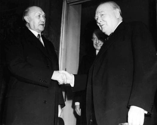 May 15, 1953; London, UK; West German Chancellor Dr. Adenauer who was in London for two days as guest of the British government, paid a visit to No. 10 Downing street for lunch and talks with the Prime Minister, Sir Winston Churchill. The picture shows Dr. KONRAD ADENAUER bidding farewell to Sir WINSTON CHURCHILL on the steps of No. 10. London UK  - ZUMAk09
