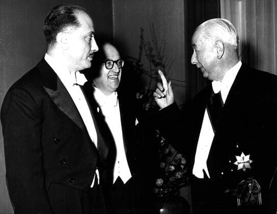 Feb 19, 1955; Bonn, Germany; The new Egyptian ambassador Mr. ABDEL MONEM AMIN in the Villa Hammerschmidt at Bonn, handed his accredentials, which were signed by President Nasser, to the German President Prof. Heuss. The picture shows (from L-R) Abdel Monem Amin, Mr. HALLSTEIN, and President Prof. THEODOR HEUSS. Bonn Germany  - ZUMAk09