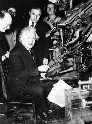 Jan 24, 1934; New York, NY, USA; A Jewish, German-born theoretical physicist ALBERT EINSTEIN at a typesetting machine composing the first line of New Yorker The Jewish Daily Bulletin. Einstein who s widely regarded as the most important scientist of the 20th century and one of the greatest physicists of all time, produced much of his remarkable work during his stay at the Patent Office and in his spare time. He played a leading role in formulating the special and general theories of relativity; moreover, he made significant contributions to quantum theory and statistical mechanics. While best known for the Theory of Relativity (and specifically mass-energy equivalence, E=mc?), he was awarded the 1921 Nobel Prize for Physics for his explanation of the photoelectric effect in 1905 (his wonderful year or miraculous year ) and for his services to Theoretical Physics. New York USA  - ZUMAk09