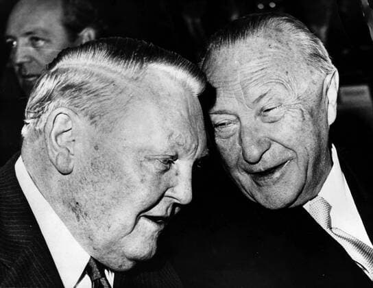 Apr 21, 1955; Bonn, Germany; Signing of the protocol of ratification for Deutschland and Truppenvertrag designed by President Eisenhower were, Dr. KONRAD ADENAUER and LUDWIG ERHARD. Bonn Germany  - ZUMAk09