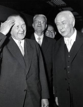 May 24, 1956 - Bonn, Germany - West Germany s first chancellor KONRAD ADENAUER. PICTURED: KONRAD ADENAUER and German president THEODOR HEUSS. Vice Chancellor FRANZ BLÜCHER in the middle. Bonn Germany  - ZUMAk09