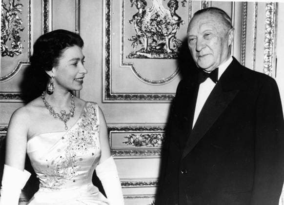 Apr 16, 1958; London, UK; West German Chancellor, Dr. Adeanuer, who was on a three day visit, dined with the Queen at Windsor Castle. The picture shows the QUEEN ELIZABETH, wearing gown, with Dr. KONRAD ADENAUER in the State apartment adjoining the Banqueting Room at Windsor Castle. London UK  - ZUMAk09