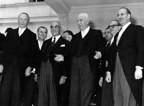 May 01, 1958 - Bonn, Germany - West Germany s first chancellor KONRAD ADENAUER began his career in politics as a member of the Cologne City Council, becoming lord mayor of the city. After the Nazis came to power in 1933, Adenauer, who had not hidden distaste for them, lost his positions, was forced to go into exile for a year in an abbey and was later interned in a prison camp. Adenauer was elected Chancellor of the Federal Republic of Germany on 15 September 1949. His main aim was to ensure West Germany s transition to a sovereign, democratic state. He held power for the next fourteen years and during that time played an important role in restoring good relations with France and the United States. PICTURED: KONRAD ADENAUER, Turkish president CELAL BAYAR, president THEODOR HEUSS and Turkish Secretary of State FATIN RUESTUE ZORLU in the Villa Hammerschmidt. Bonn Germany  - ZUMAk09
