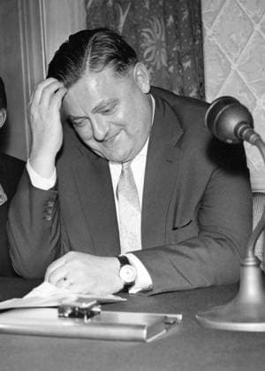 May 11, 1959 - London, England, UK - FRANZ JOSEF STRAUSS, the butcher s son who helped shape the West German state and exercised a caustic and often contentious influence over its politics from his stronghold in Bavaria was given the nickname the Strong Man of Europe. PICTURED: FRANZ JOSEF STRAUSS during a press conference. London UK  - ZUMAk09