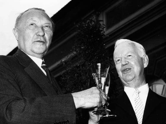 Jul 01, 1959; Berlin, Germany; Dr. HEINRICH LUEBKE, so far Minister for Agriculture was elected President of the Federal Republic of Germany on July 1st during the meeting in Berlin. The picture shows Dr. Luebke (R) with Chancellor Dr. KONRAD ADENAUER. Berlin Germany  - ZUMAk09