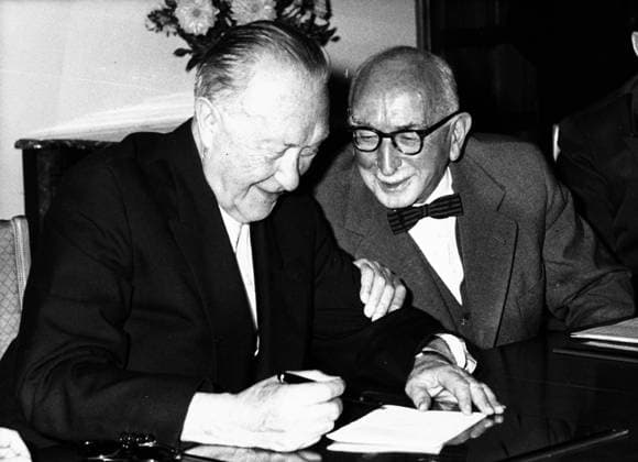 Jul 26, 1960; Berlin, Germany; An agreement was signed by Federal Chancellor Dr. ADENAUER (L) and the federal minister of Justice FRITZ SCHAEFFER who signed as a trustee on account of the countries. The agreement called the Deutschland Fernsehen GmbH (German Television Company Ltd) into existance. Berlin Germany  - ZUMAk09