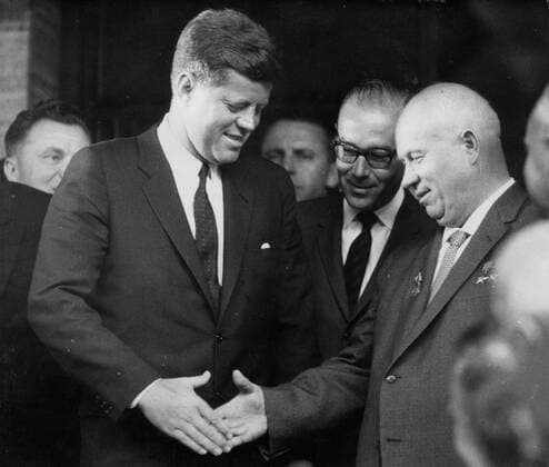 Jun 03, 1961; Vienna, Austria; President JOHN KENNEDY of the United States, greeted Mr. NIKITA Chruschtschow with a handshake, when the Russian leader arrived at the United States Embassy in Vienna to start their talks. Vienna Austria  - ZUMAk09