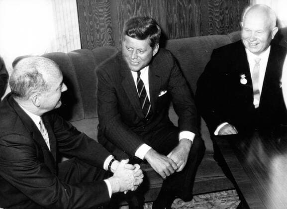 Jun 04, 1961; Vienna, Austria; On the second day of their talks, on June 4th, 1961, the US President JOHN F. KENNEDY and the Soviet Prime Minister NIKITA Chruschtschow met in the Soviet embassy in Vienna. The picture shows them in seemingly good spirits during their conference. On left is seen the Foreign Minister of the USA, DEAN RUSK. Vienna Austria  - ZUMAk09