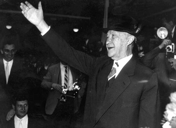 Jul 09, 1961; Munich, Germany; At today s meet of Bavaria s Christian Social Union a splendid chamois beard hat was presented as a token to Chancellor Dr. KONRAD ADENAUER. Speaking at the party s convention the Chancellor started the election campaign stressing the requirement of winning the parliament s absolute majority. Munich Germany  - ZUMAk09