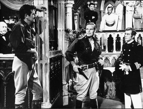 Aug 28, 1962; Madrid, Spain; Actor CHARLTON HESTON known for his religious roles in Ben-Hur and The Ten Commandments , pictured during the filming of, El Cid with MASSINO SERATO and JEROME THOR. Madrid Spain  - ZUMAk09