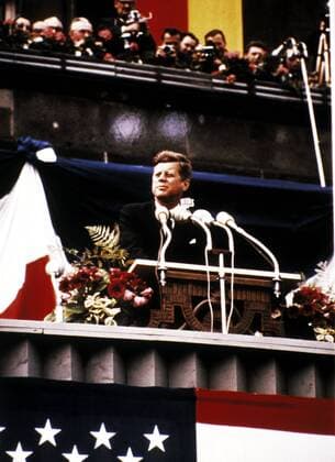 Jun 26, 1963 - Berlin, Germany - JOHN F. KENNEDY in front of Berlin Schoeneberg town hall, where he uttered the message of hope for West Berliners who lived in an enclave deep inside East Germany and feared a possible East German occupation. The speech is known for its famous phrase Ich bin ein Berliner and is considered one of Kennedy s best, and a notable moment of the Cold War. Berlin Germany  - ZUMAk09