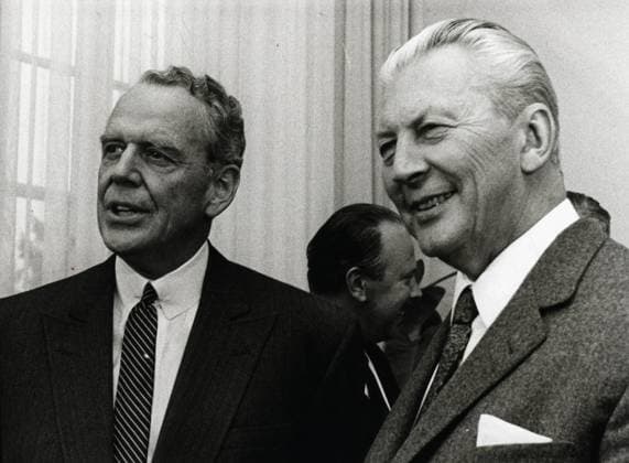 Jan 11, 1968 - Bonn, Germany - (File Photo) CLARK MCADAMS CLIFFORD was a highly influential American lawyer who served as advisor to Presidents Truman, Kennedy, Johnson and Carter, serving as Secretary of Defense for Johnson. PICTURED: U.S. Secretary of Defense CLARK CLIFFORD, left, and German Chancellor KURT GEORG KIESINGER. Bonn Germany  - ZUMAk09