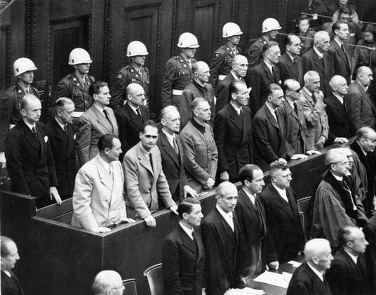 Oct 01, 1946; Nuremberg, GERMANY; Five of the leading Nazis seen seated in the dock at Nuremberg during the final session of the greatest war trial in history. First row (L-R): HERMANN GÖRING, RUDOLF HESS, JOACHIM VON RIBBENTROP and WILHELM KEITEL. Behind (L-R): BALDUR VON SCHIRACH and FRITZ SAUCKEL. Nuremberg GERMANY  - ZUMAk09