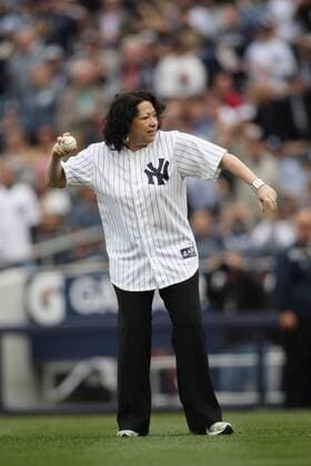 U.S. Supreme Court Justice Sonia Sotomayor performs ceremonial first pitch before the start of the MLB American League baseball game between the New York Yankees and Boston Red Sox  (2009093016545264)