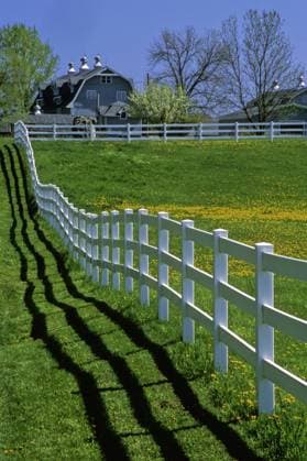 Weidezaun mit Schatten an der Horseshoe Bay Farm, USA, Wisconsin, Door County Shadows highlight the fence around the pasture at Horseshoe Bay Farms, USA, Wisconsin, Door County BLWS093048