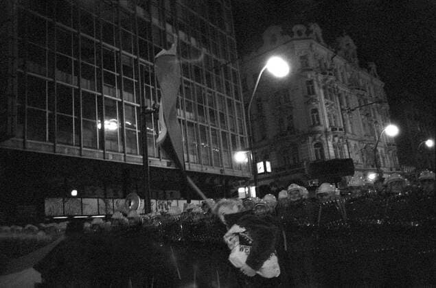 Velvet Revolution. Police cordon blocks Narodni trida street to prevent demonstrators from escaping to side streets, in Prague, Czechoslovakia on Nov. 17, 1989. The events of November 1989 started by brutally supressed student demonstration led to government fall and the end of Communist regime in Czechoslovakia. (CTKxPhoto PavelxHroch) 