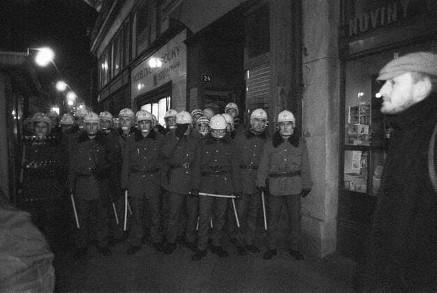 Velvet Revolution. Police cordon blocks Narodni trida street to prevent demonstrators from escaping, in Prague, Czechoslovakia on Nov. 17, 1989. The events of November 1989 started by brutally supressed student demonstration led to government fall and the end of Communist regime in Czechoslovakia. (CTKxPhoto PavelxHroch) 