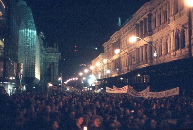 Velvet Revolution, Prague, Czechoslovakia November 17, 1989. At the 50th anniversary of closing of universities by German occupational forces and subsequent death of Jan Opletal, about 15 000 students commemorate this event. Soon after the demonstrating students were met by herds of police officers who brutally beat many of them. This chain of events contributed to the defeat of the Czechoslovak Communist Party and led to Vaclav Havel´s innaguration. Havel was the first democratic president elected since the 1948 Communist takeover. 