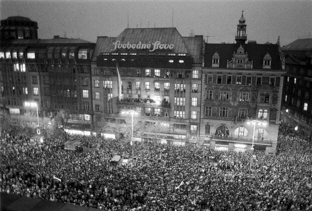 Velvet Revolution 22 November 1989, demonstrators on Wenceslas Square. 