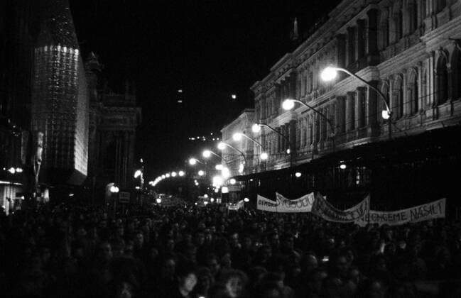 Prague, Czechoslovakia November 17, 1989. Student demonstration which marked the begining of Velvet Revolution is met by heavily armed police unit. The students were dispersed by batton wielding police. Many demonstrators were crudely beaten. This night started the chain of events that eventually led to the end of Communist regime. Playwrite, dissident Vaclav Havel was subsequently elected president of Czechoslovkia. 