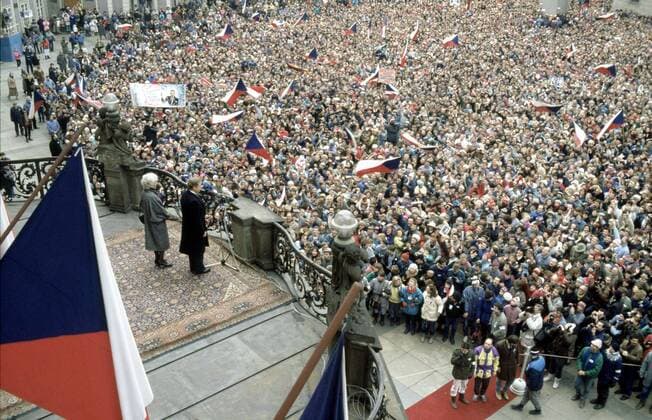 Velvet Revolution, Prague November 17, 1989. At the 50th anniversary of closing of universities by German occupational forces and subsequent death of Jan Opletal, about 15 000 students commemorate this event. Soon after the demonstrating students were met by herds of police officers who brutally beat many of them. This chain of events contributed to the defeat of the Czechoslovak Communist Party and led to Vaclav Havel´s innaguration. Havel was the first democratic president elected since the 1948 Communist takeover. On this photo : Just innaugurated Vaclav Havel gives speech at Prague castle. 