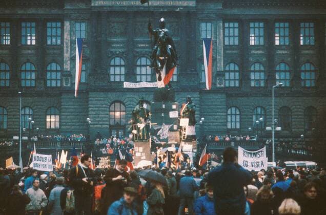 Velvet Revolution, Prague November 17, 1989. People demonstrates at Wenceslas Square in Prague, Czechoslovakia on Nov. 20, 1989. At the 50th anniversary of closing of universities by German occupational forces and subsequent death of Jan Opletal, about 15 000 students commemorate this event. Soon after the demonstrating students were met by herds of police officers who brutally beat many of them. This chain of events contributed to the defeat of the Czechoslovak Communist Party and led to Vaclav Havel´s innaguration. Havel was the first democratic president elected since the 1948 Communist takeover. 