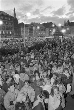 Velvet Revolution, Prague November 17, 1989. At the 50th anniversary of closing of universities by German occupational forces and subsequent death of Jan Opletal, about 15 000 students commemorate this event. Soon after the demonstrating students were met by herds of police officers who brutally beat many of them. This chain of events contributed to the defeat of the Czechoslovak Communist Party and led to Vaclav Havel´s innaguration. Havel was the first democratic president elected since the 1948 Communist takeover. Photo shows students and other citizens in Usti nad Labem, a main city in the north. 