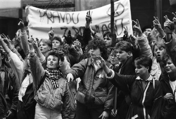 Velvet Revolution, Prague November 17, 1989. At the 50th anniversary of closing of universities by German occupational forces and subsequent death of Jan Opletal, about 15 000 students commemorate this event. Soon after the demonstrating students were met by herds of police officers who brutally beat many of them. This chain of events contributed to the defeat of the Czechoslovak Communist Party and led to Vaclav Havel´s innaguration. Havel was the first democratic president elected since the 1948 Communist takeover. Photo shows students demanding truth - as shown on the banner - in front of the Czechoslovak Radio on Nov. 21, 1989, in Prague, Czechoslovakia. 