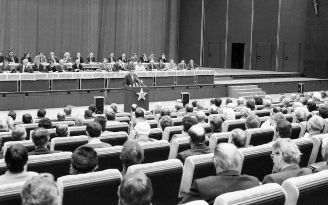 Velvet Revolution, Prague November 25, 1989. Meeting of leading Communists representing factories and big companies gather to discuss the upcoming political changes in the country. 